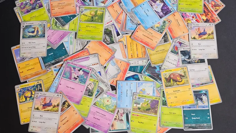 Dozens of Pokémon cards spread across a dark table, ready to be counted