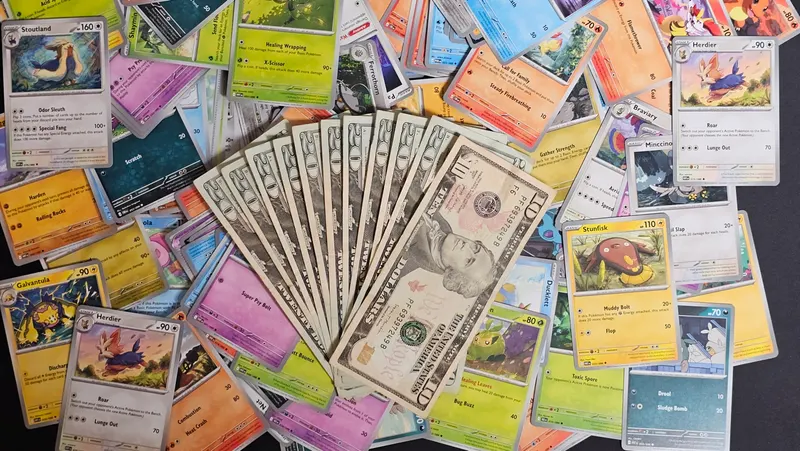 A fan of ten dollar notes laid over a spread of Pokémon cards
